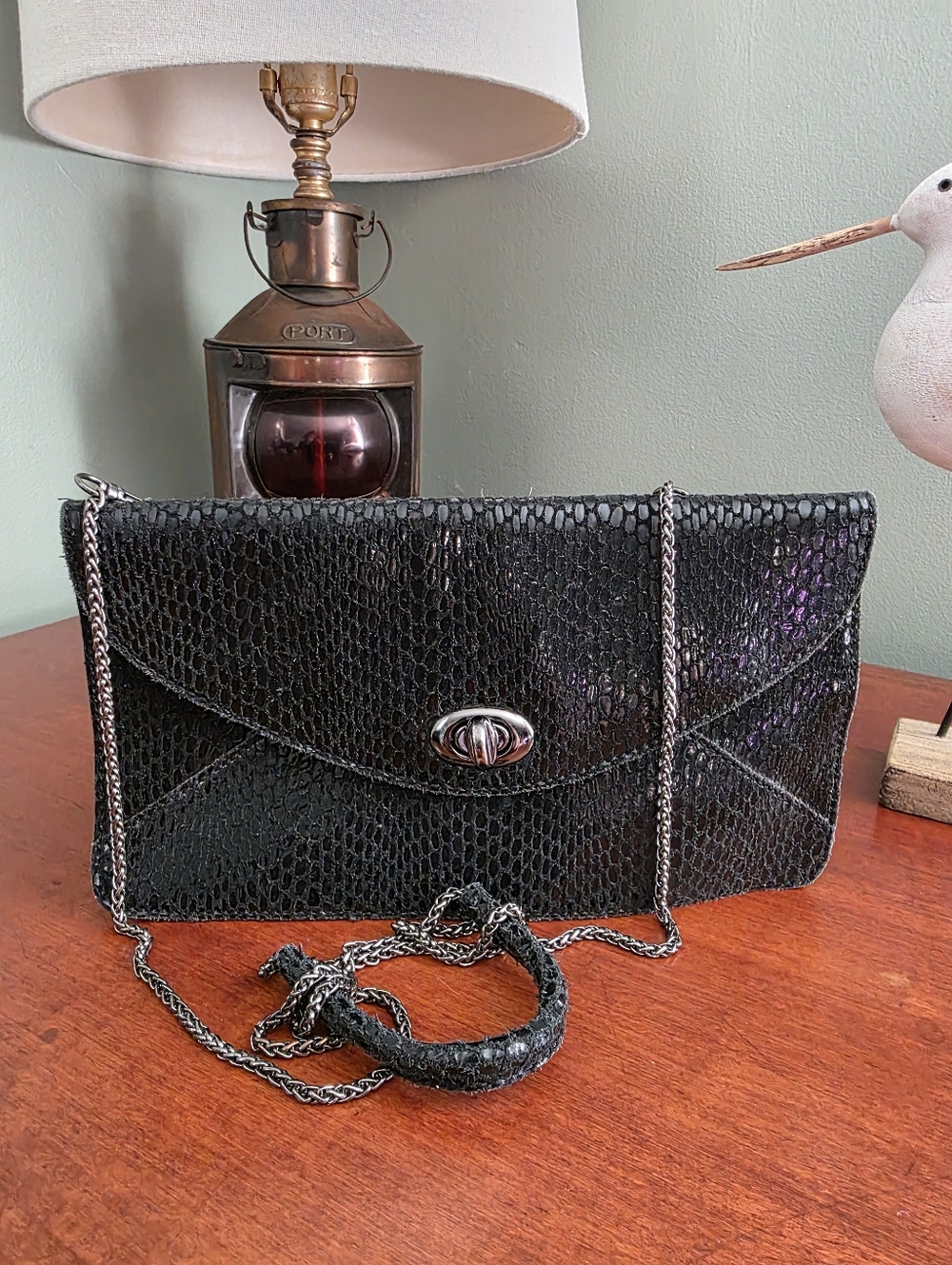 Sorial Black Snakeskin Embossed Leather Envelope Crossbody Clutch Bag